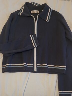 BRAVO Navy Knit Zip-Front Jacket with Striped Trim